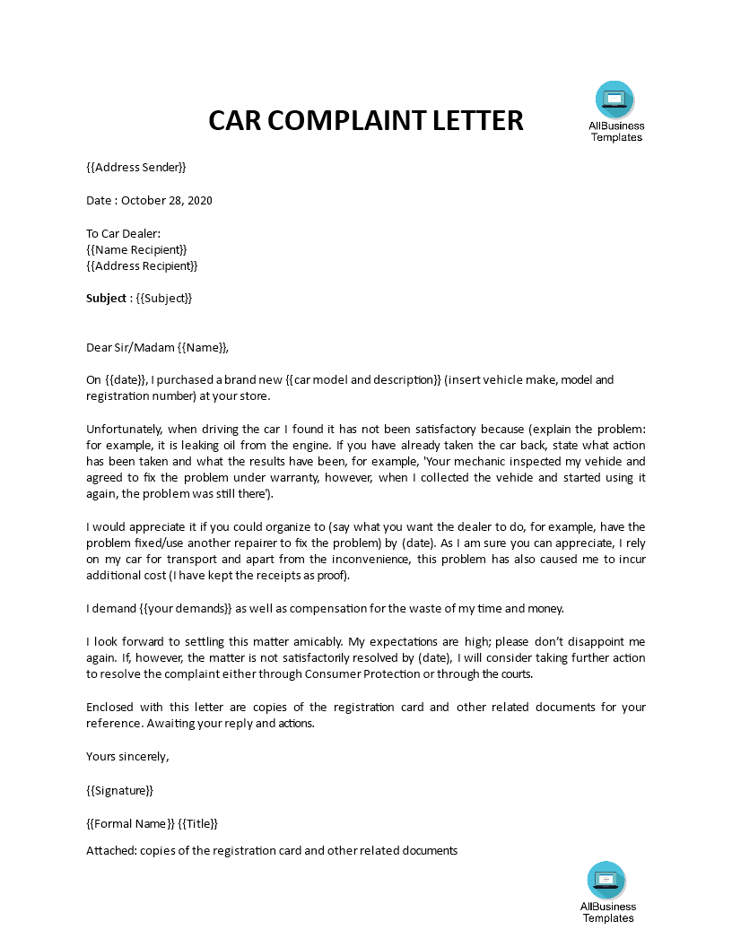 car complaint letter used vehicle template