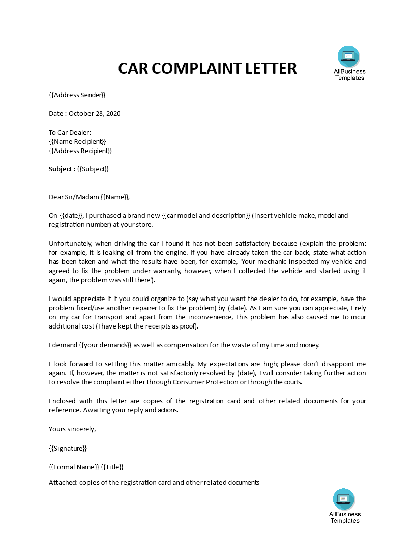 Car Complaint Letter Used Vehicle Templates At Allbusinesstemplates