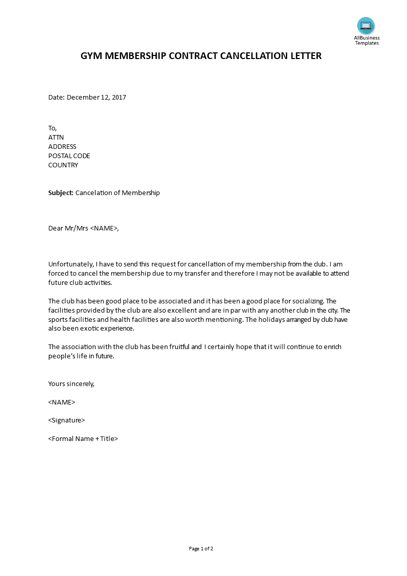 Gym Membership Cancellation Letter Template Free Klauuuudia