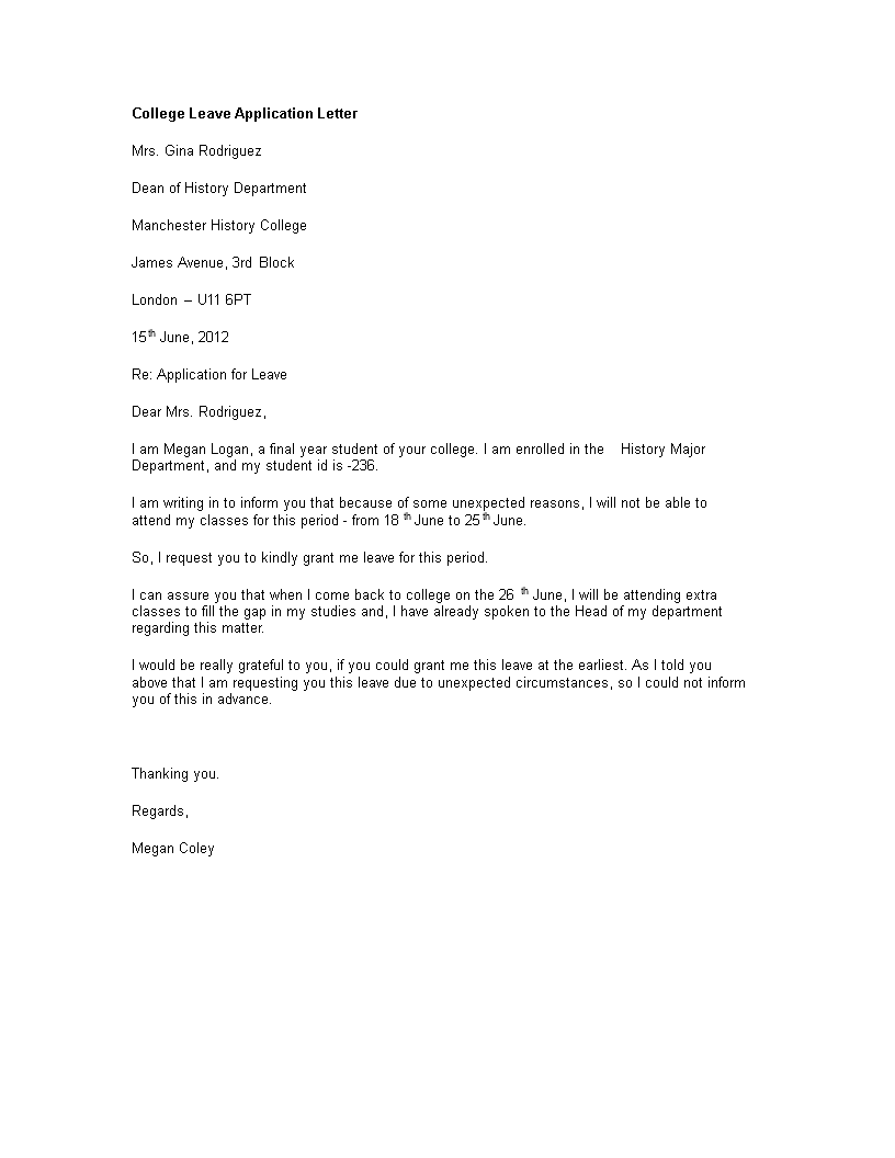 College Leave Application Letter example | Templates at ...