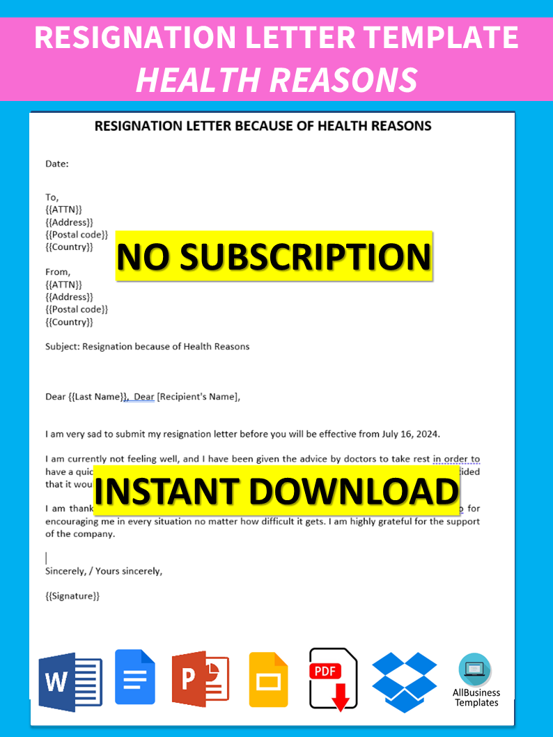 Resignation Letter With Health Reason 模板