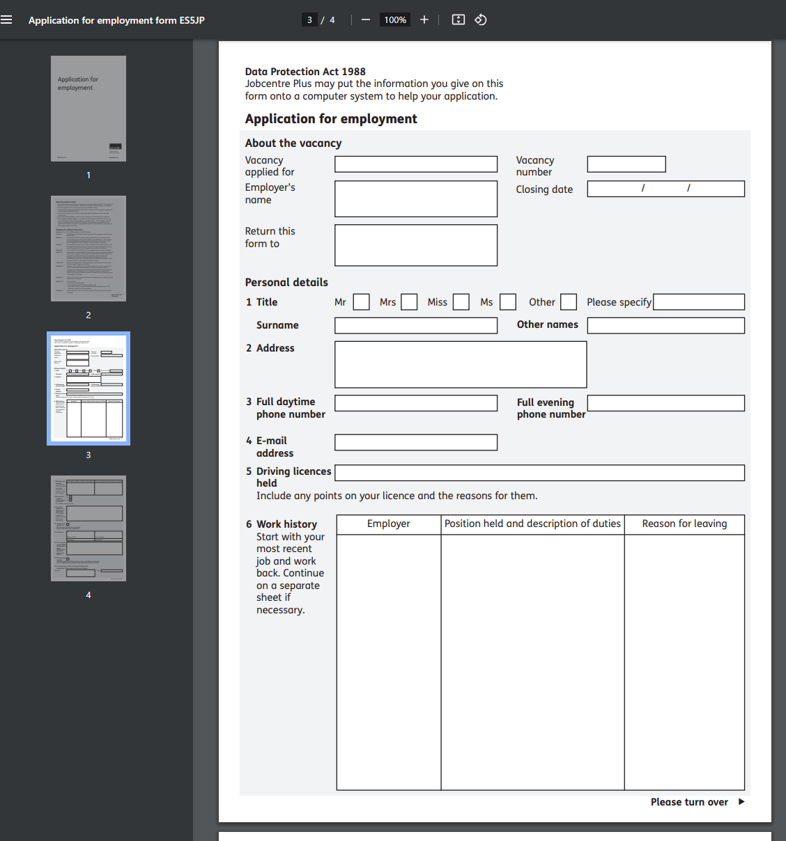 job application format template