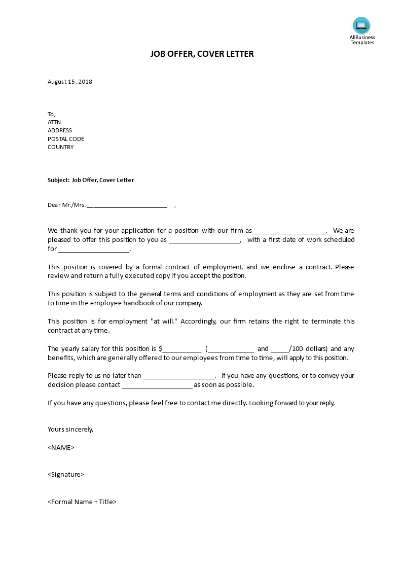 Cover Letter for Job Offer | Templates at ...