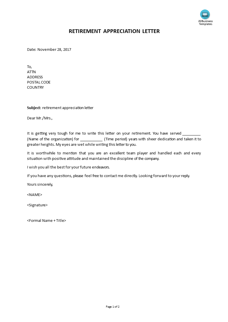 retirement appreciation letter voorbeeld afbeelding 