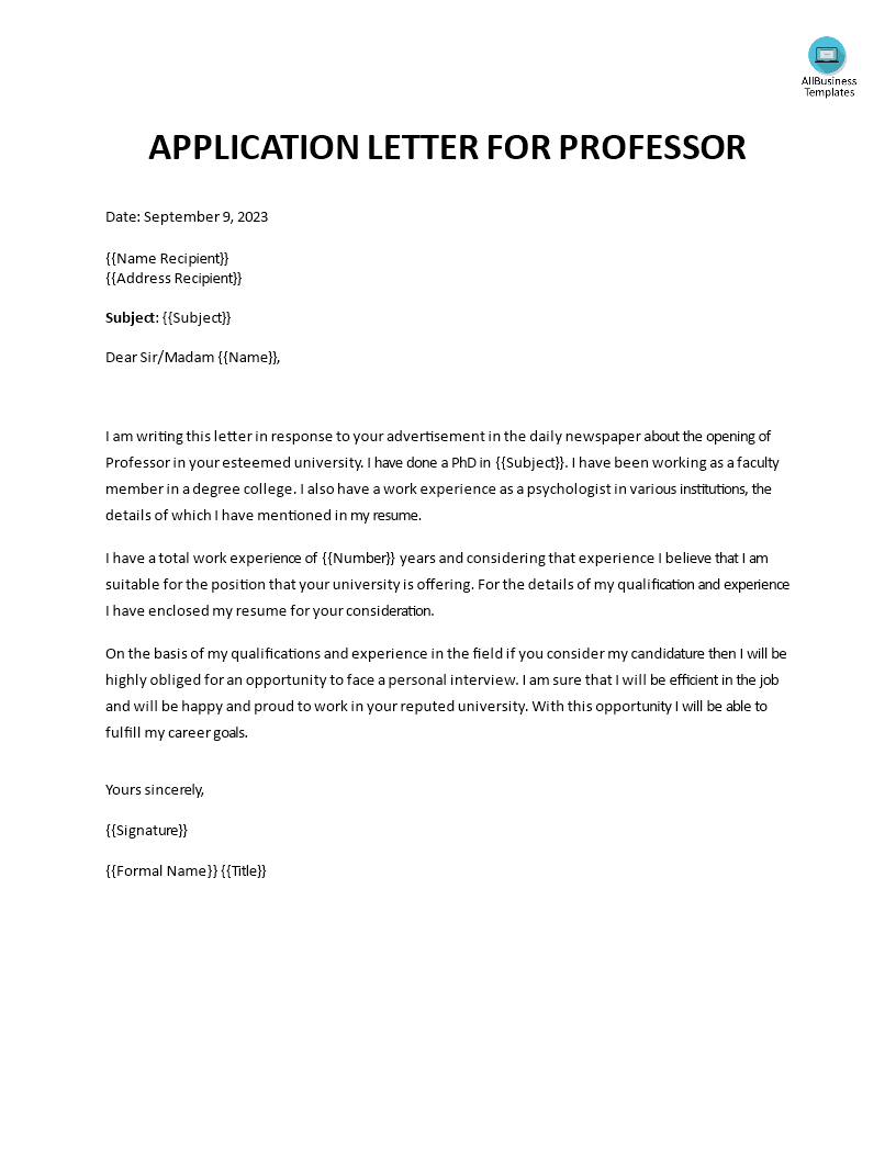 Application Letter for Professor | Templates at ...