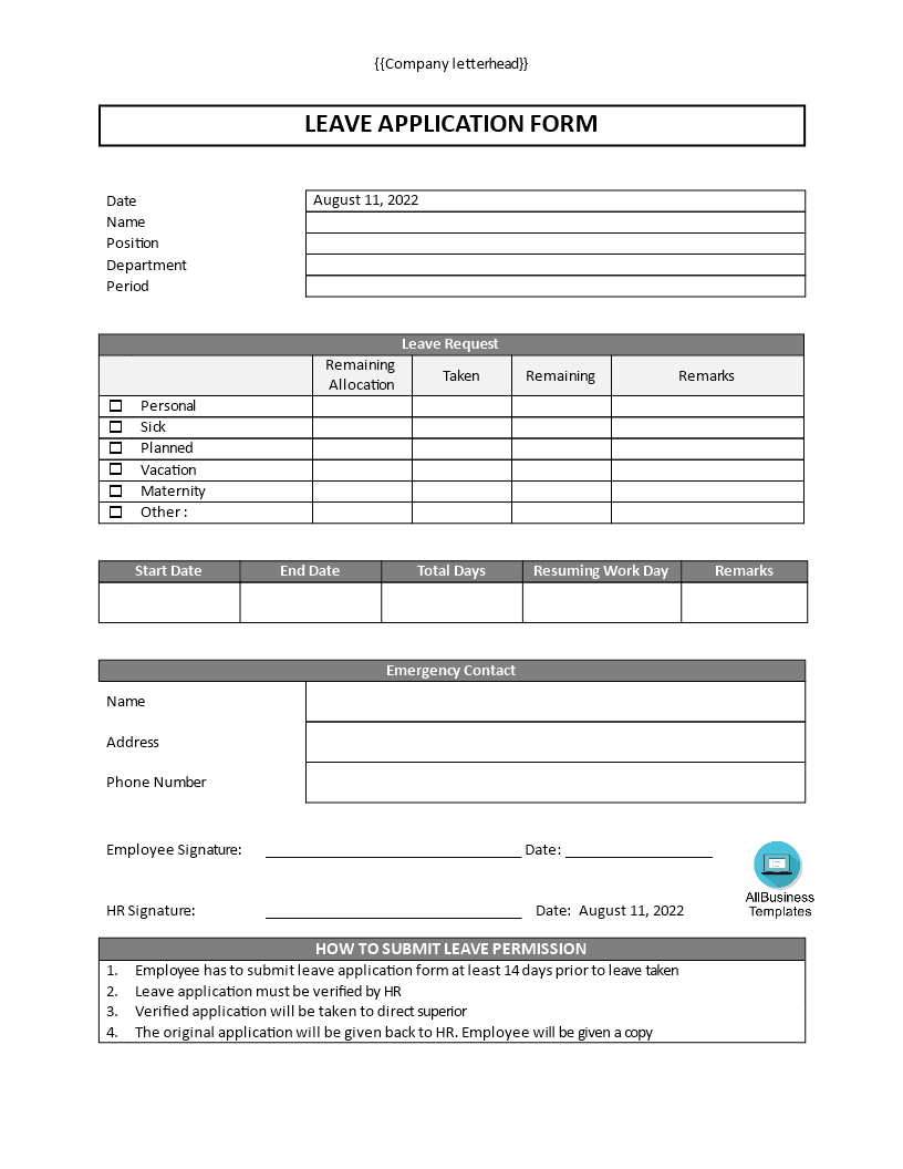 leave application form model template