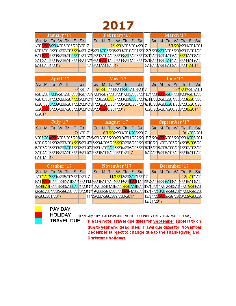 2017 travel calendar template