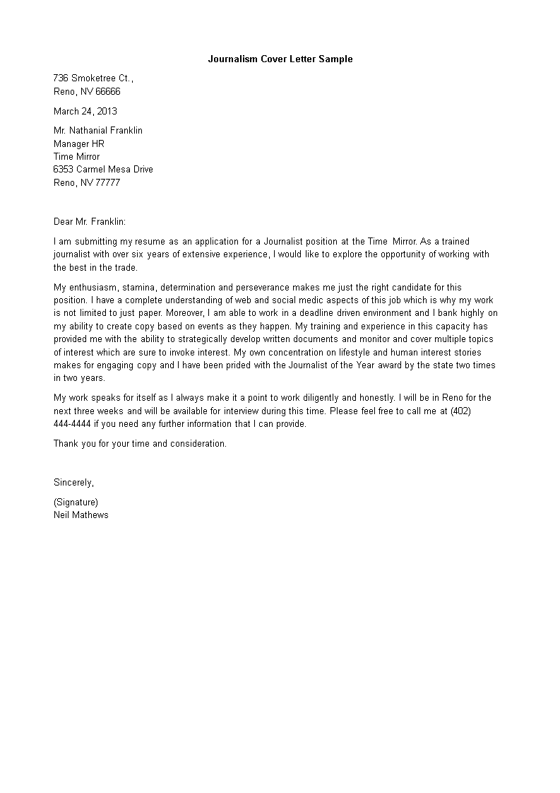 Journalism Cover Letter | Templates at ...