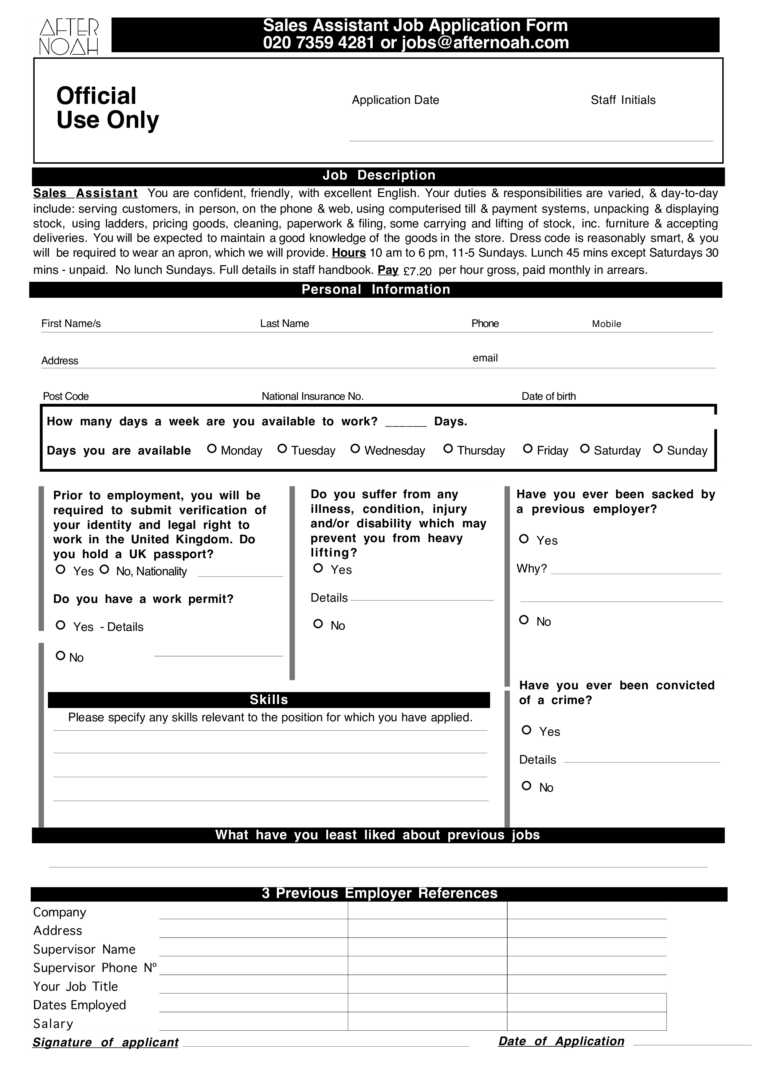 Retail Assistant Job Application Form Templates At Allbusinesstemplates