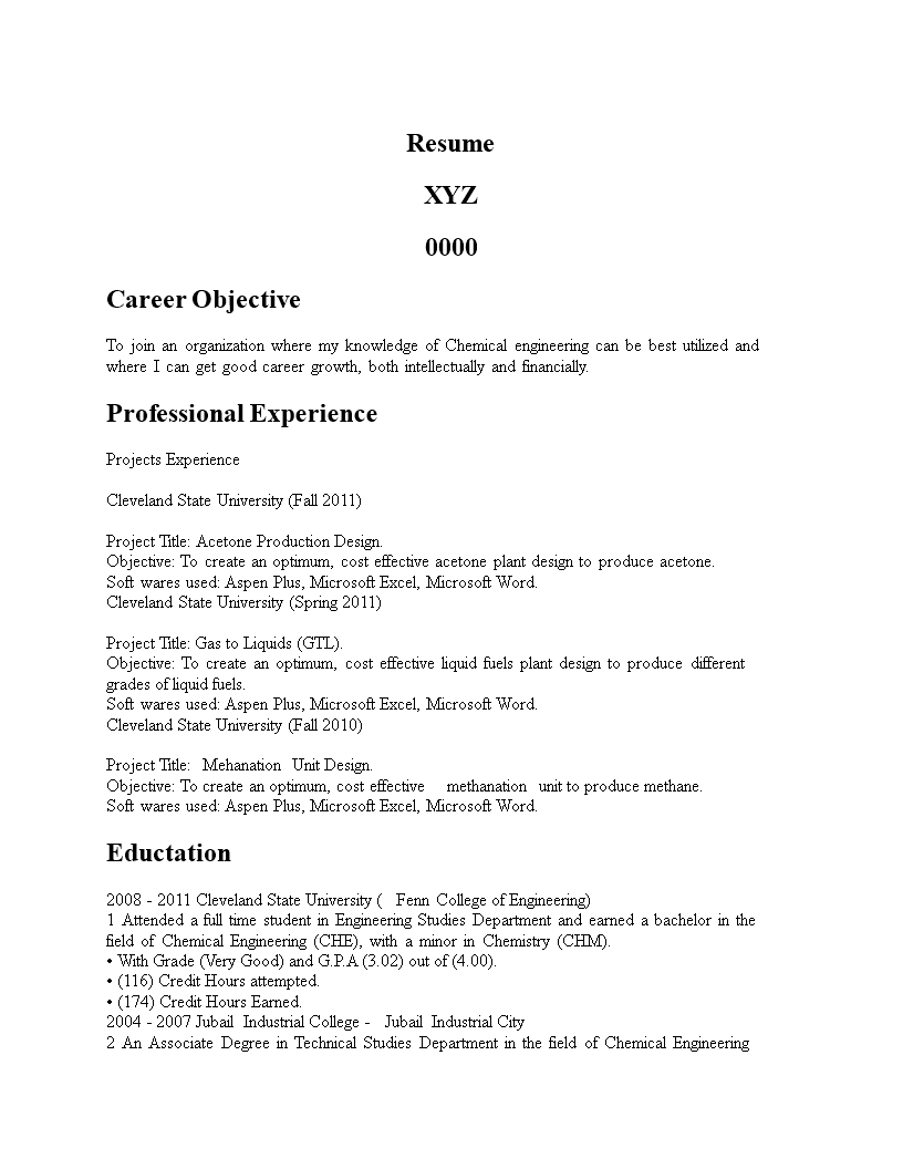  Chemical Engineering Graduate Resume Allbusinesstemplates