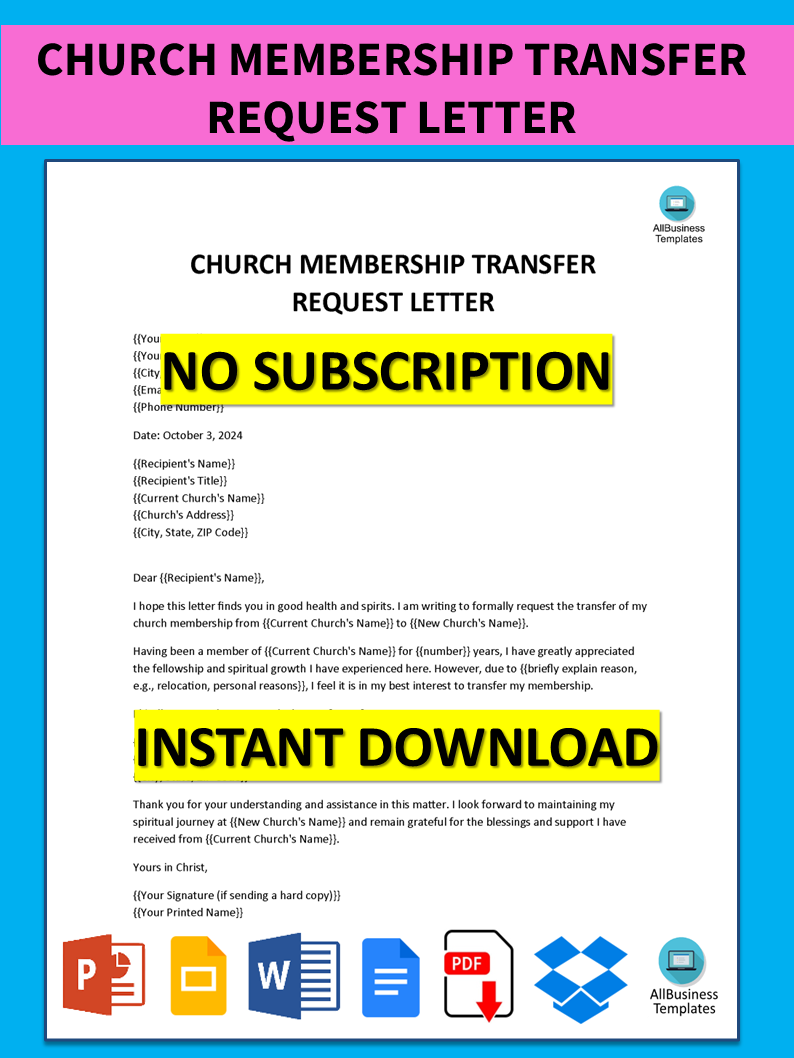 Church Membership Transfer Request letter 模板