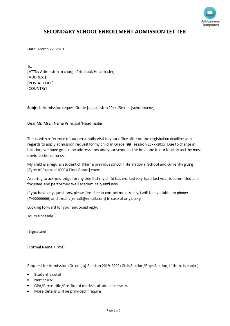 admission request undergraduate letter Hauptschablonenbild
