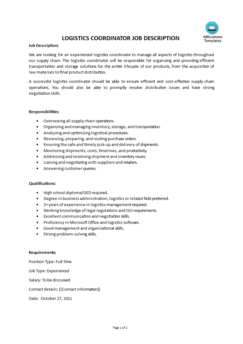 Roles And Responsibilities Of Logistics Coordinator