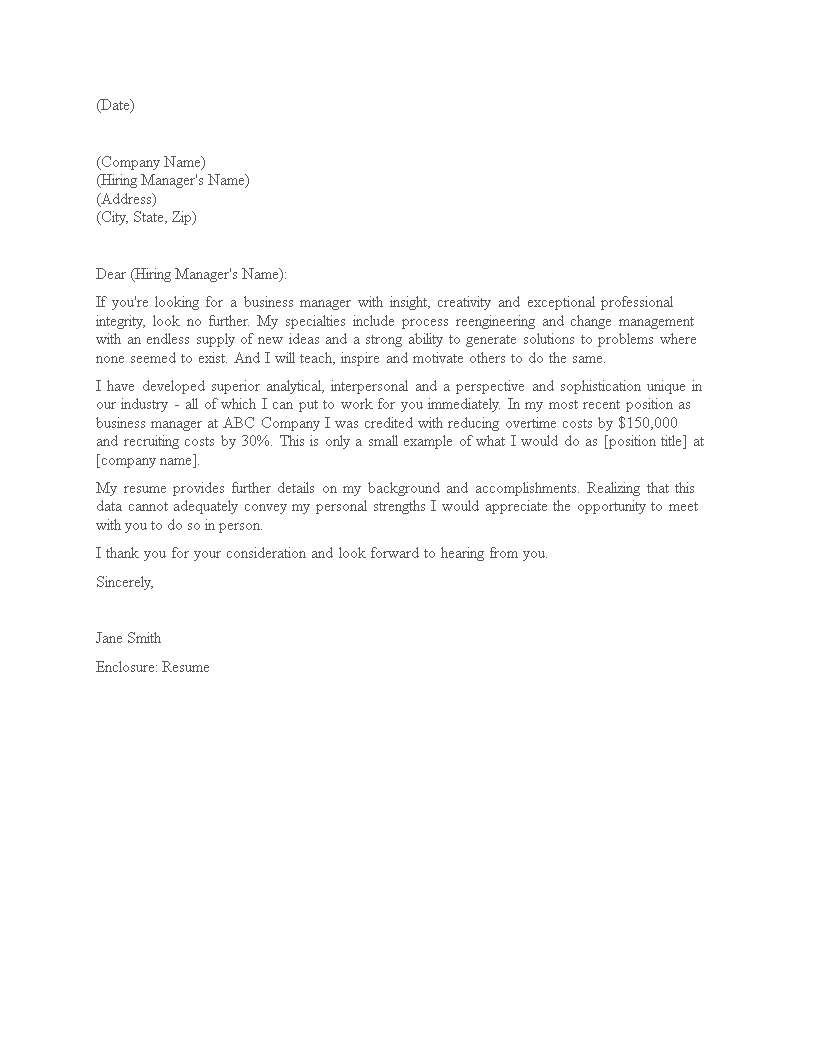 sample application letter for a manager position