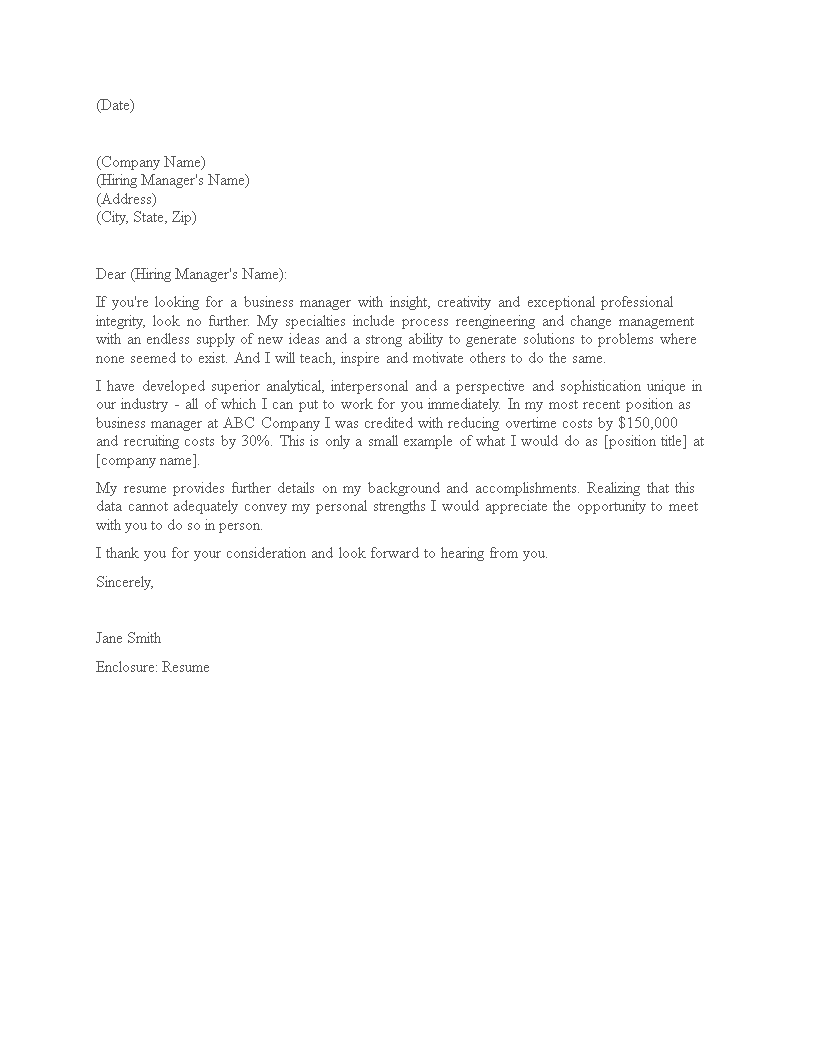 Job Application Letter Business Manager Gratis