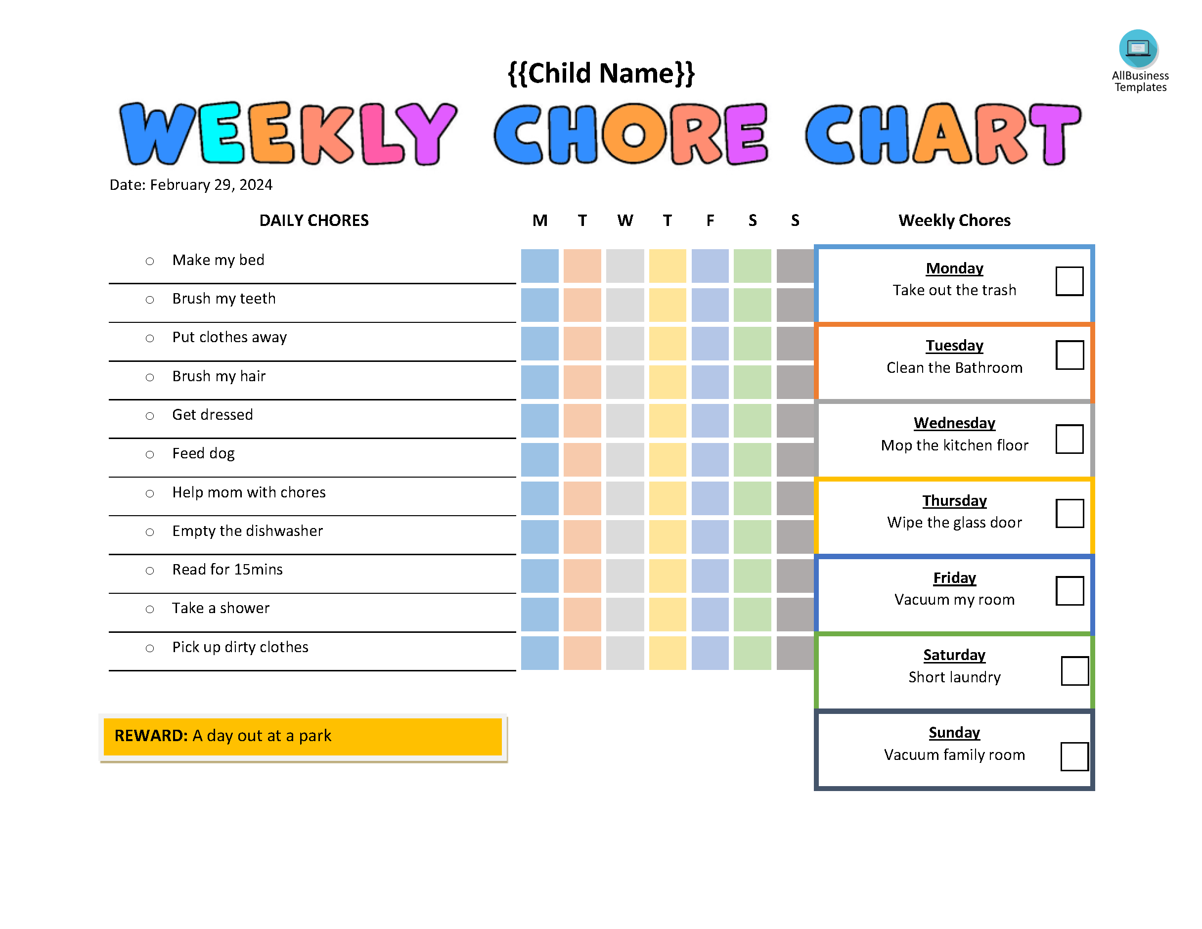 Weekly Chore Chart For Kids Templates at