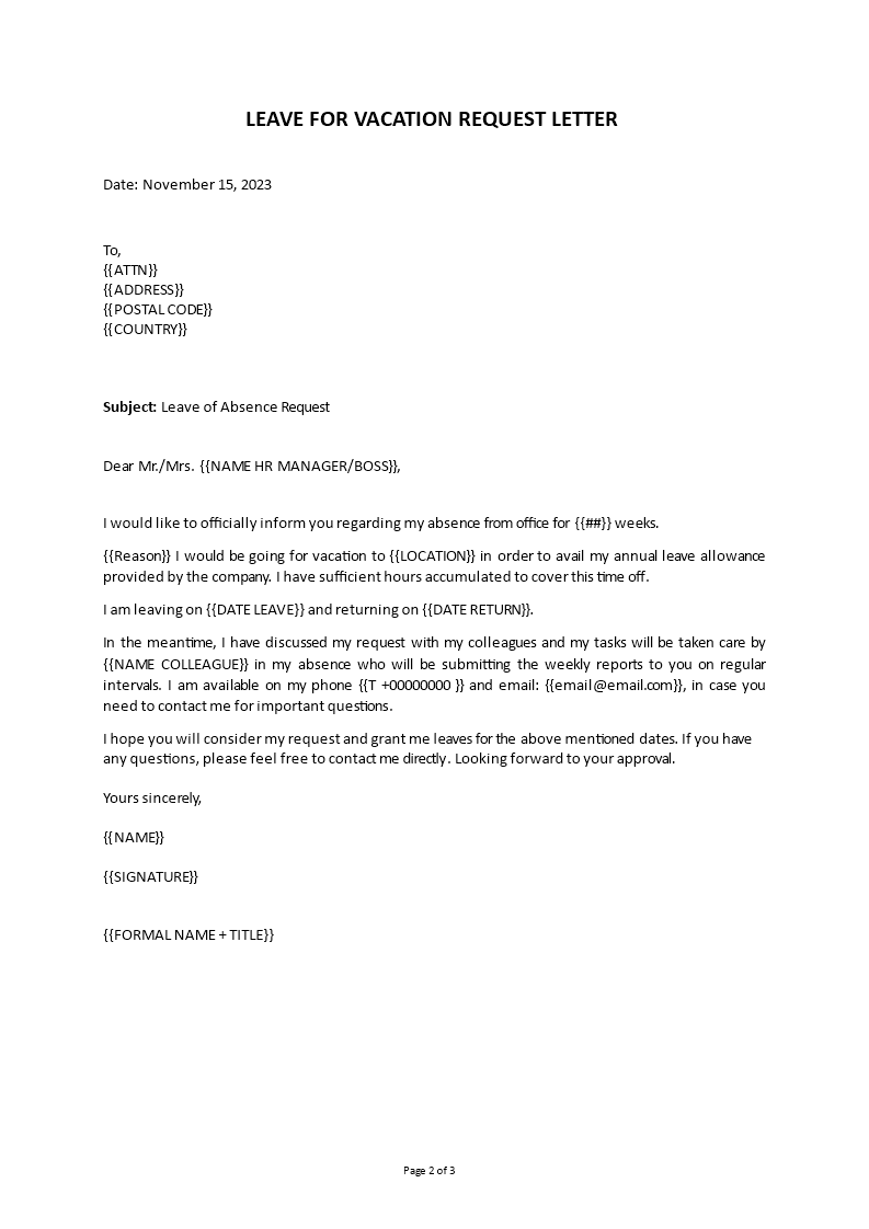 Sample Vacation Leave Request Letter To Manager sample