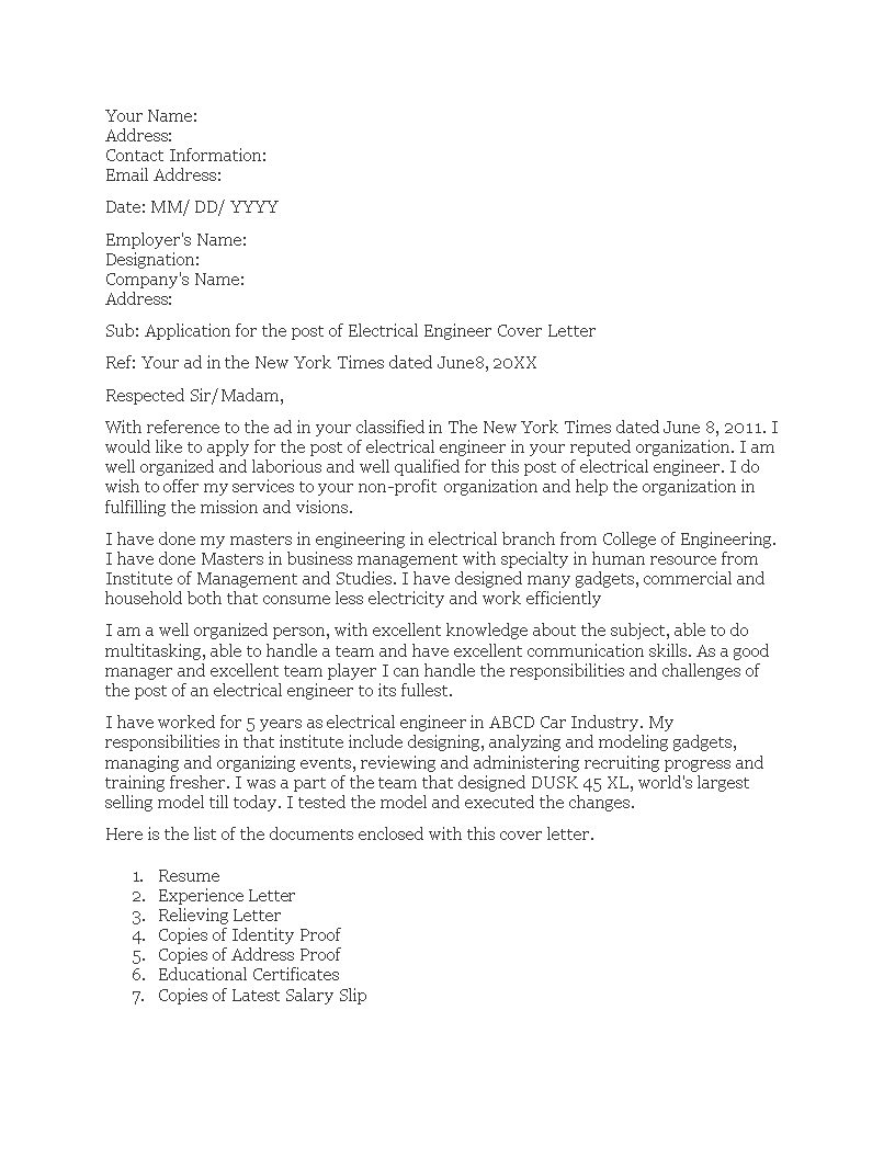 sample cover letter for electrical engineers