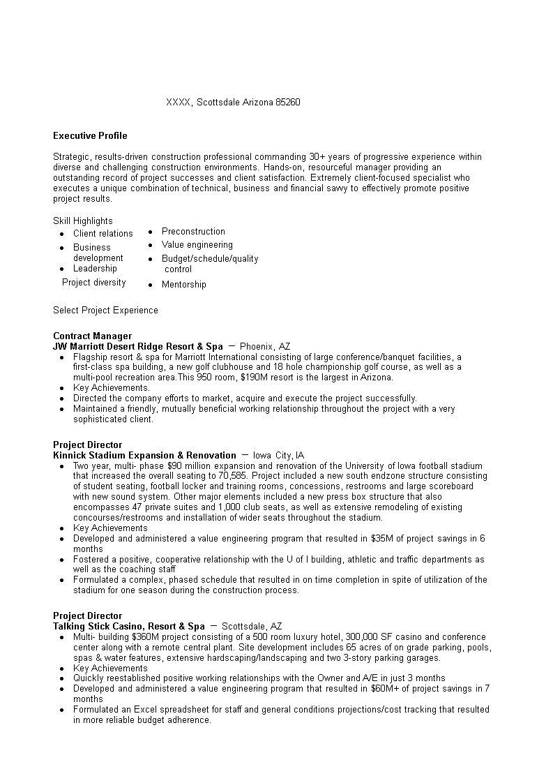 Construction Contract Manager Resume 模板