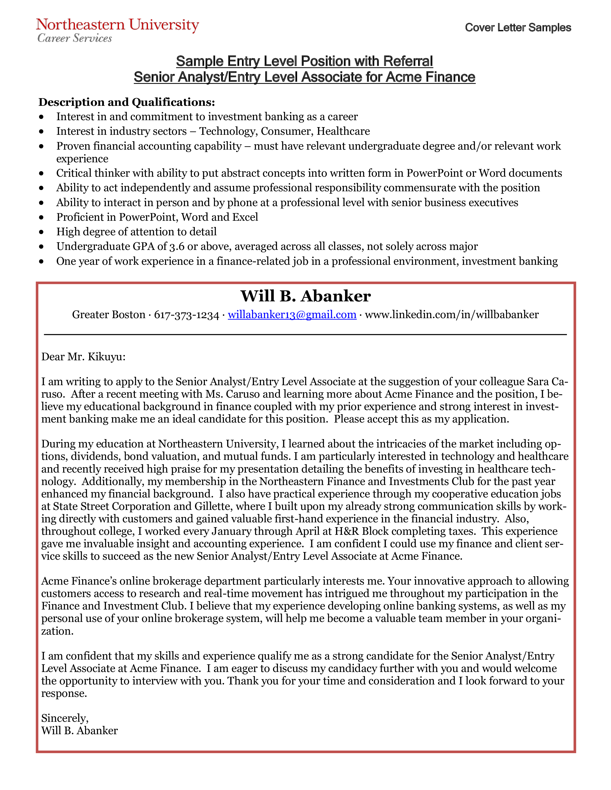 cover letter examples for entry level business analyst