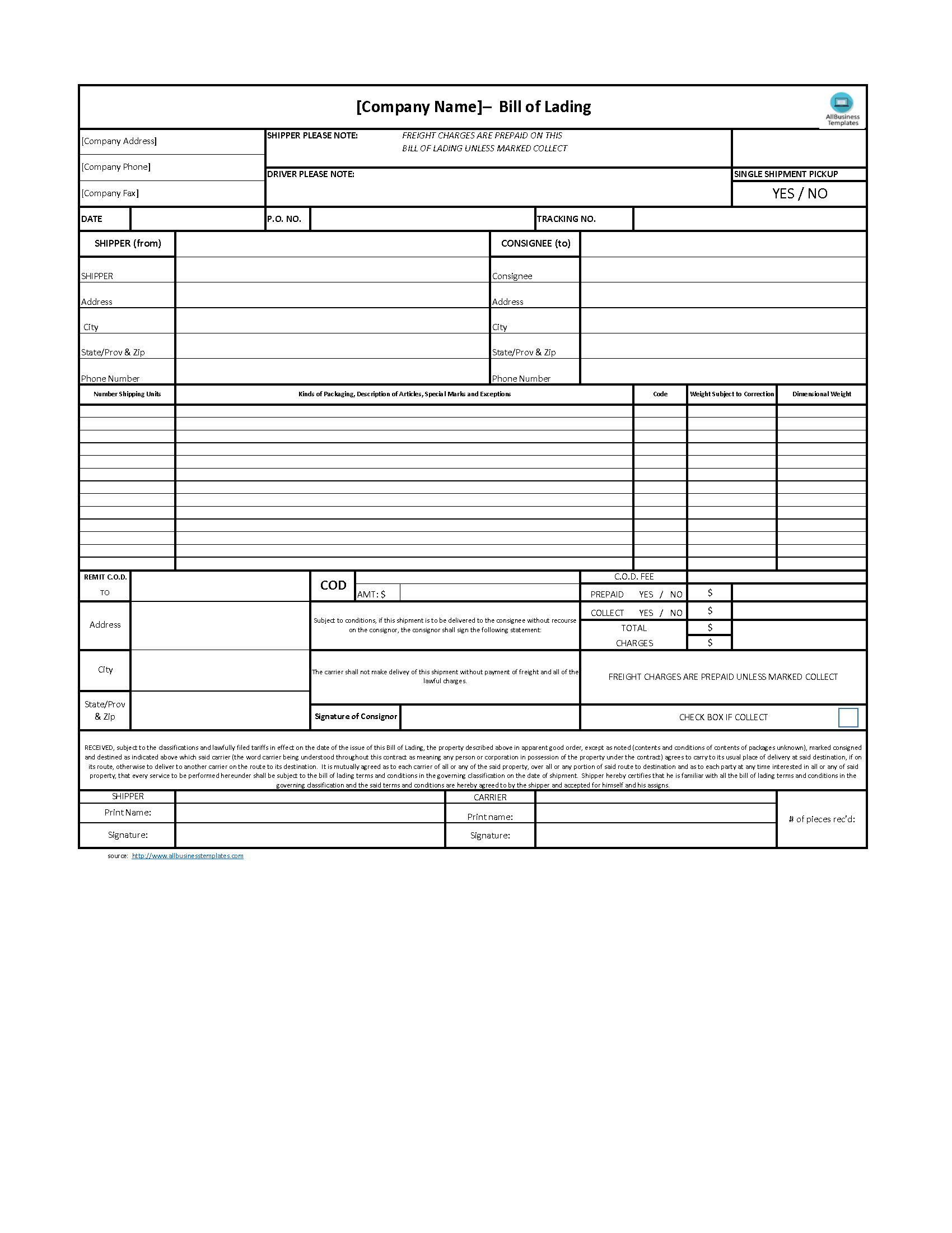Bill of Lading Excel Template Templates at allbusinesstemplates com