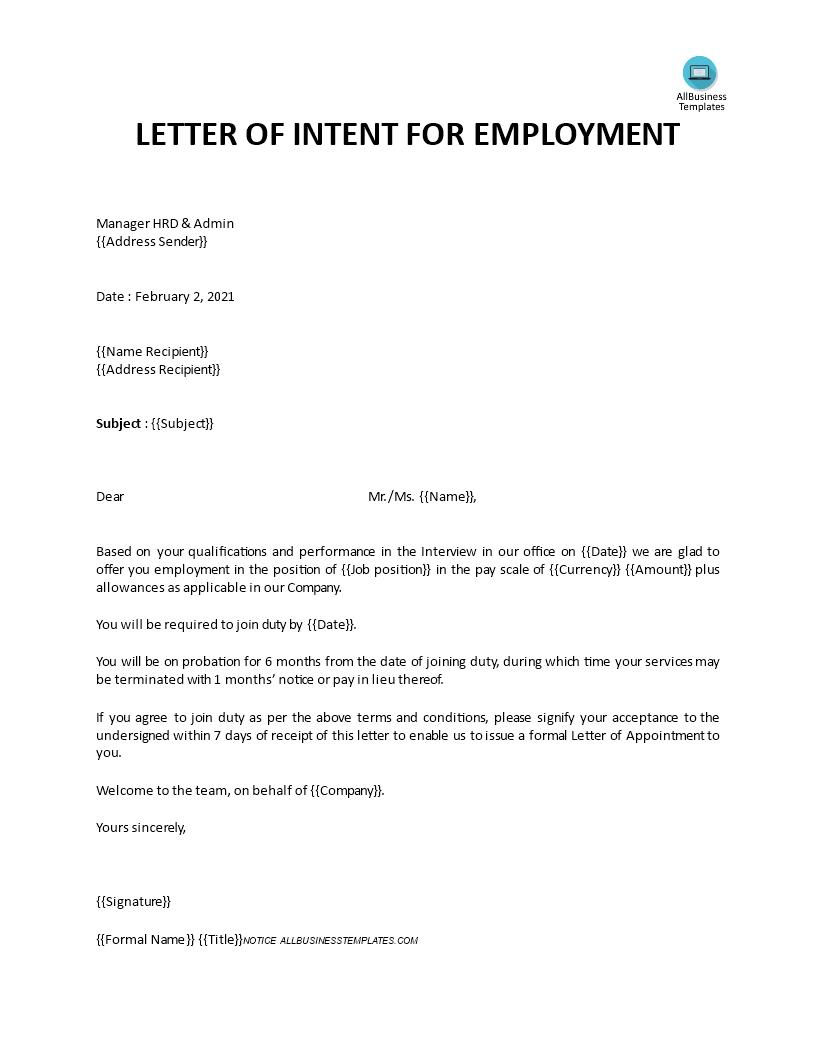Letter Of Intent From Employer Sample For Your Needs Letter Template