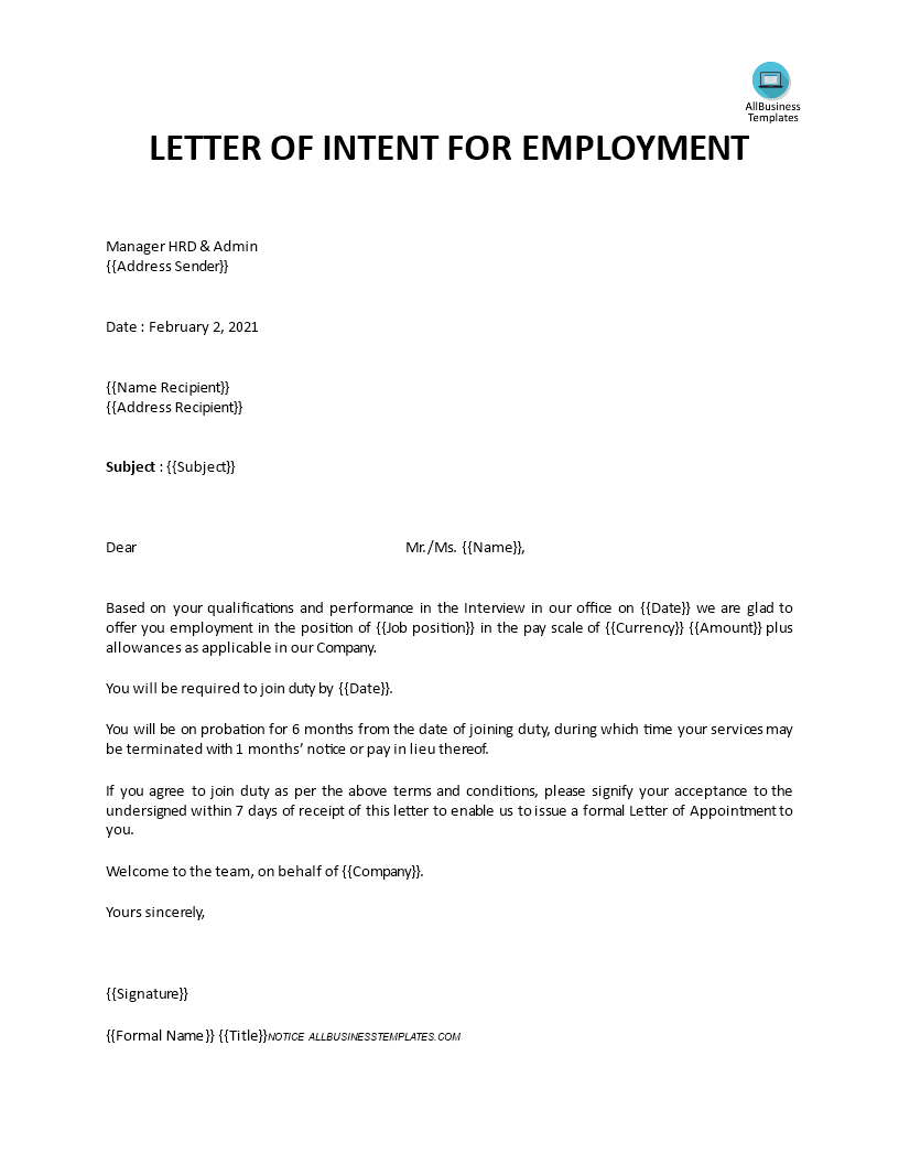 Letter Of Intent To Hire Employee Template