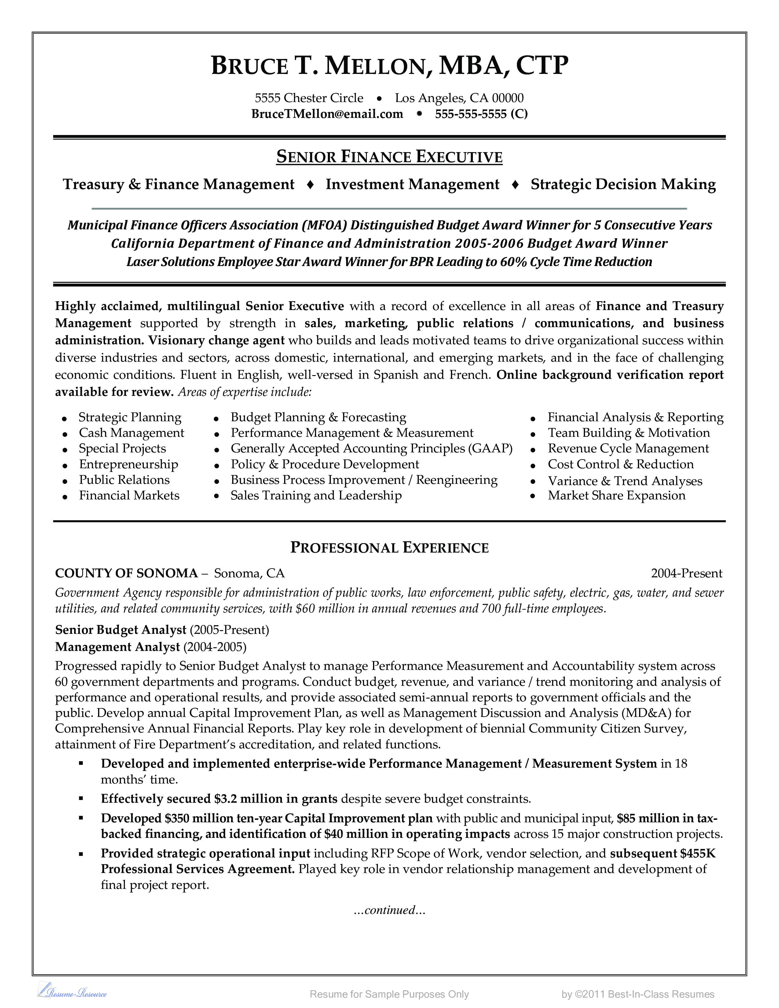 Kostenloses Senior Financial Management Resume