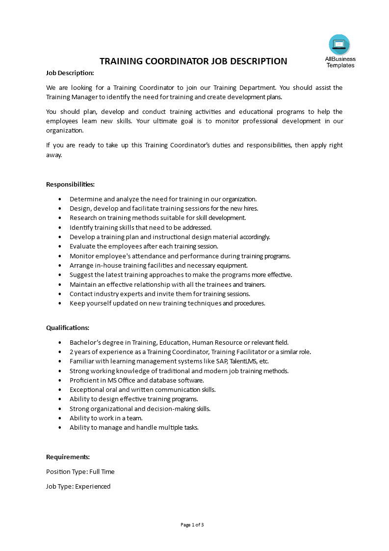 Kostenloses Training Coordinator Job Description