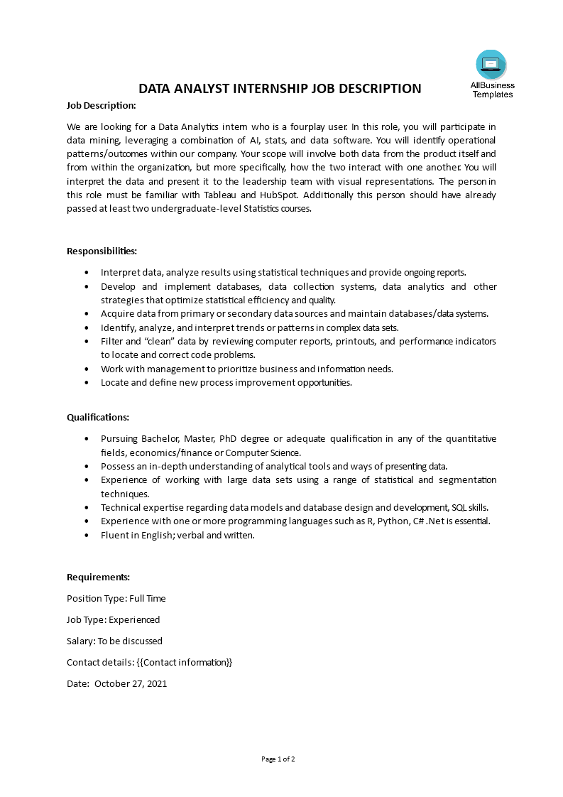 Libreng Data Analyst Internship Job Description