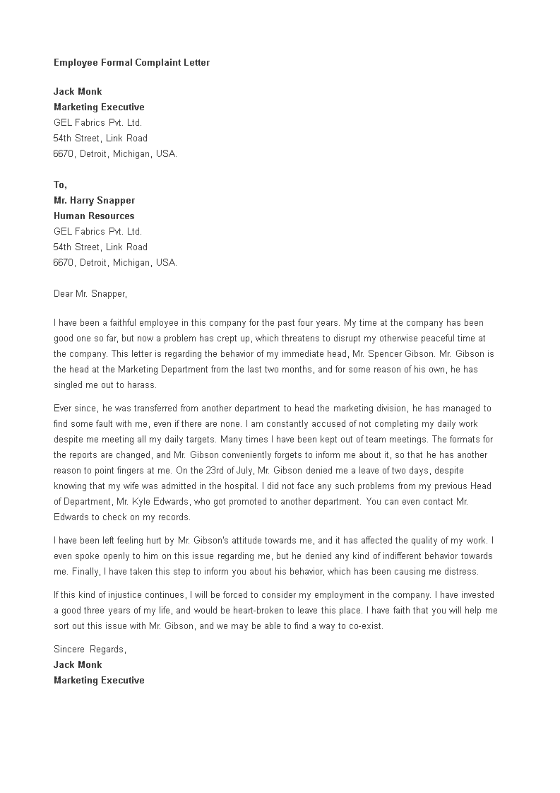 Formal Rejection Of Leave Employee Complaint Letter