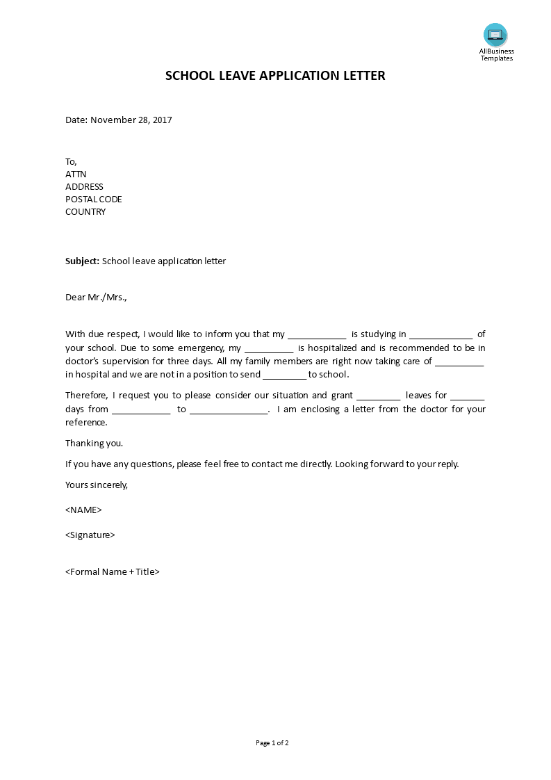 template u c of letter Letter emergency School Free Leave  Templates to at due