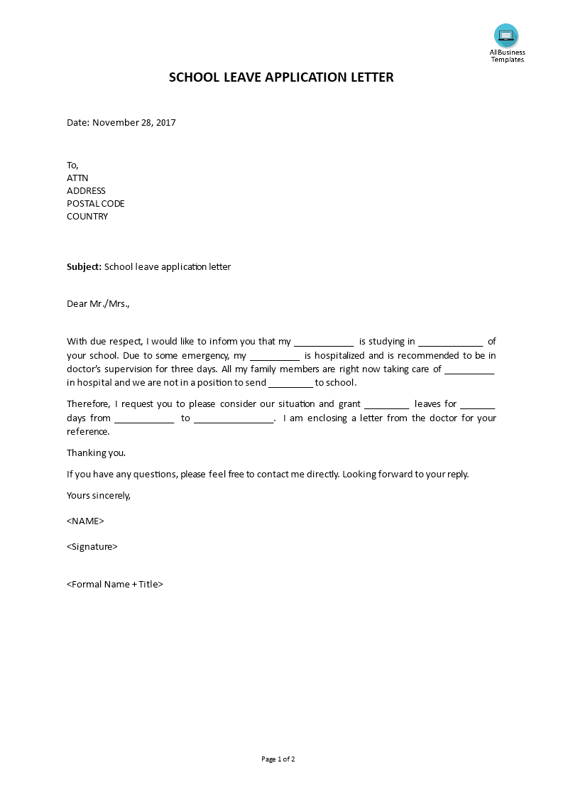 School Leave Letter Due To Emergency Templates At 