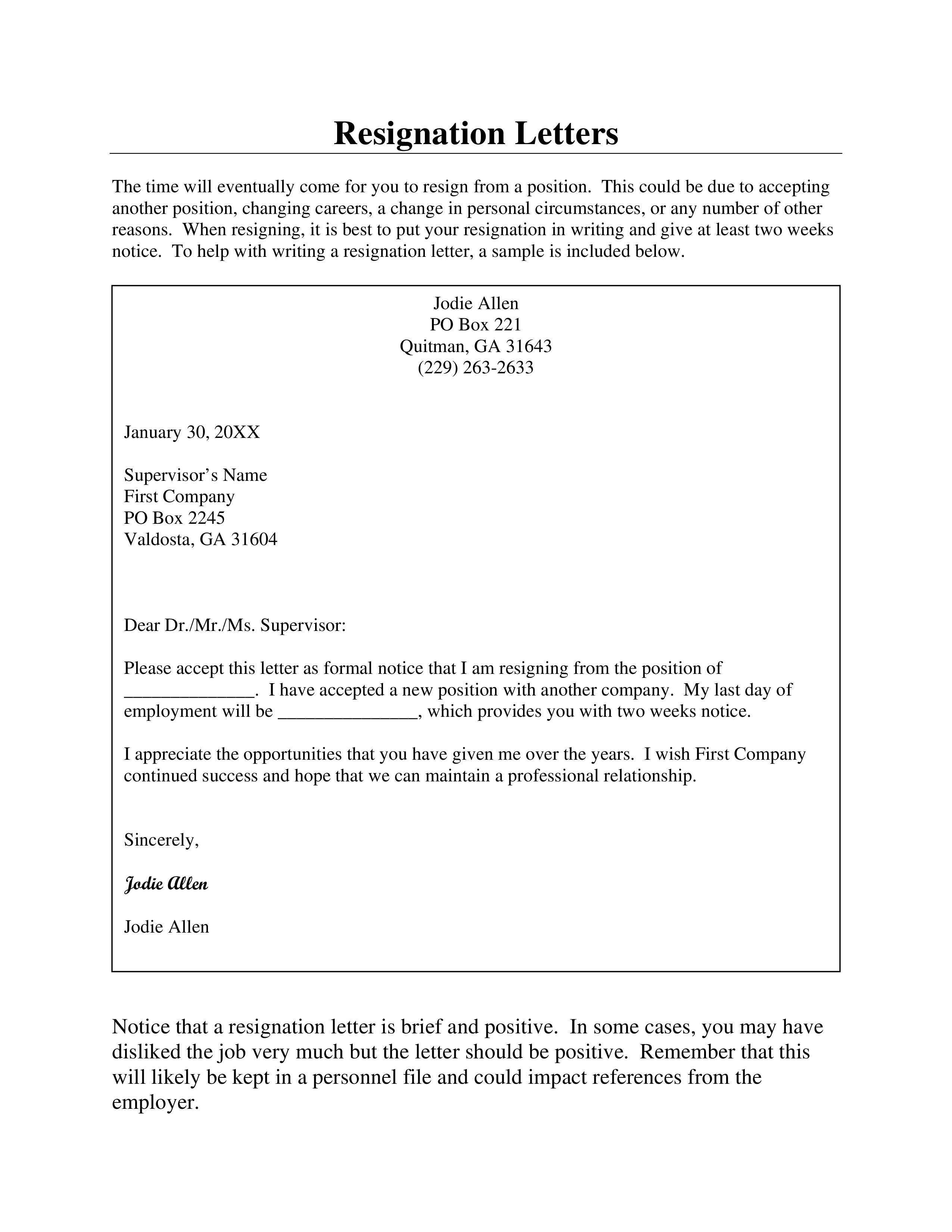 Sample Formal Resignation Letter Allbusinesstemplates Com