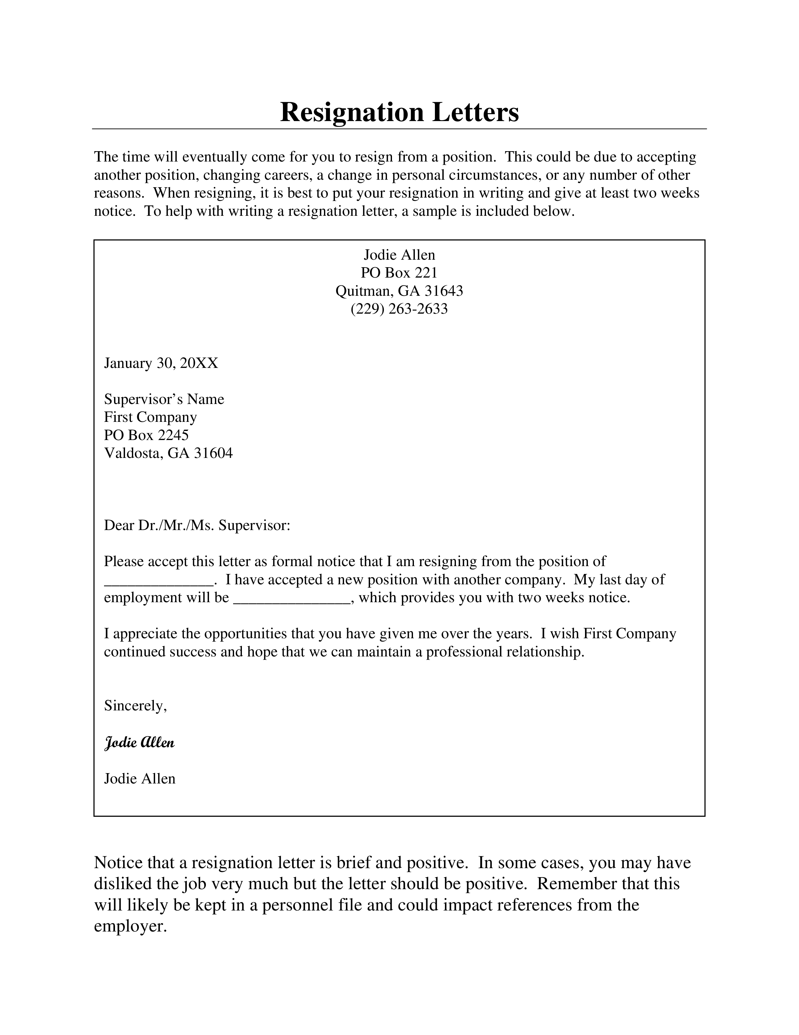  Sample Formal Resignation Letter Allbusinesstemplates