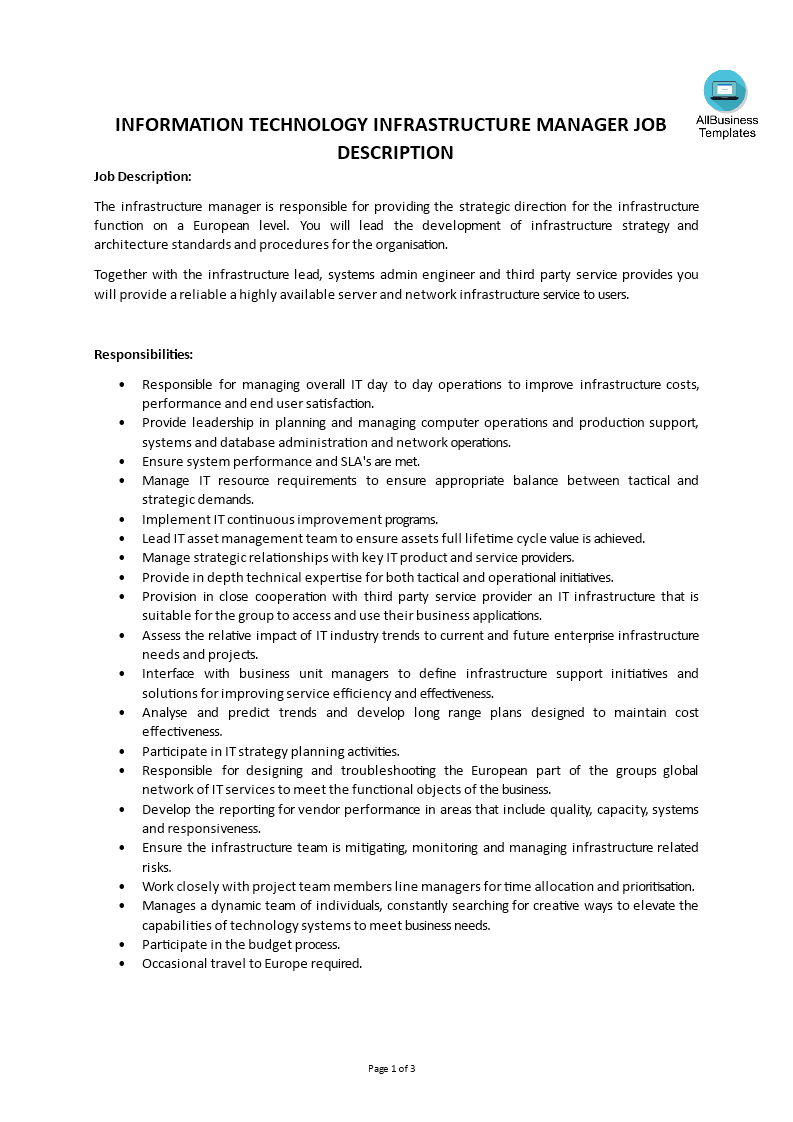 Gratis Information Technology Infrastructure Manager Job Description