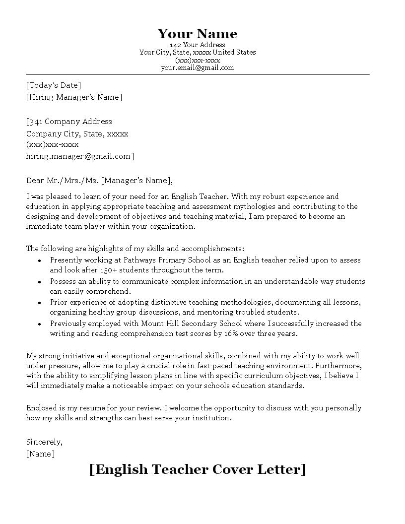 covering letter for resume for teacher post