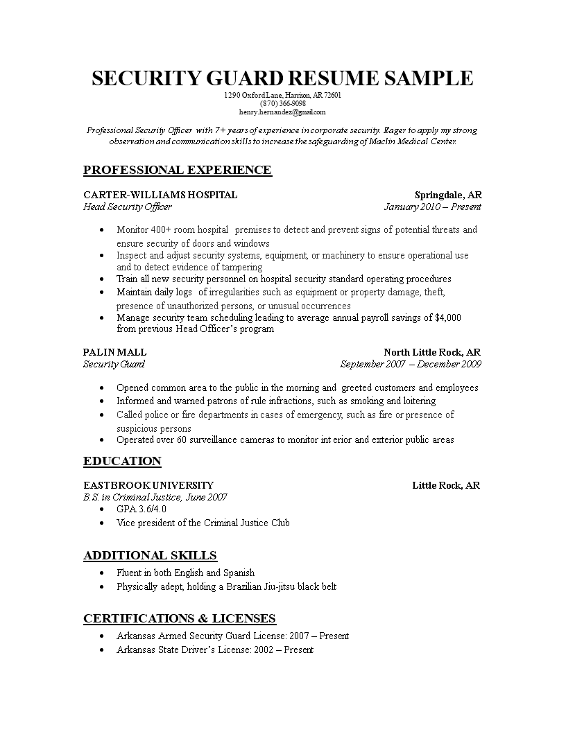 Sample Of Security Guard Resume