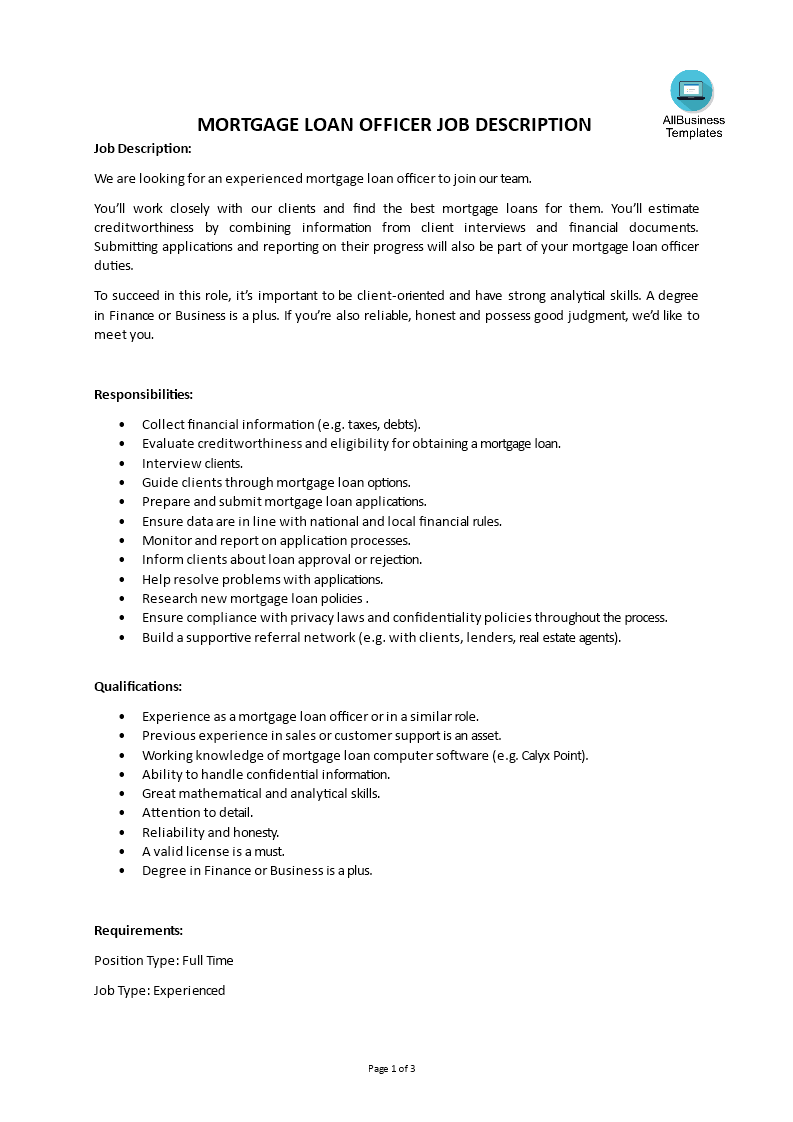 Mortgage Loan Officer Job Description Templates At 