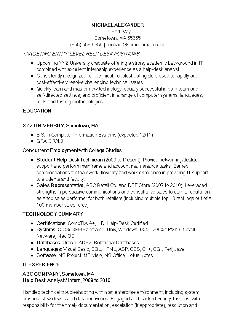 entry level it resume examples