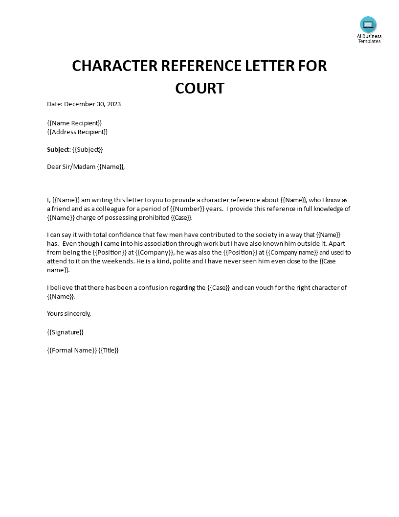 Character Reference Letter For Court Templates At 