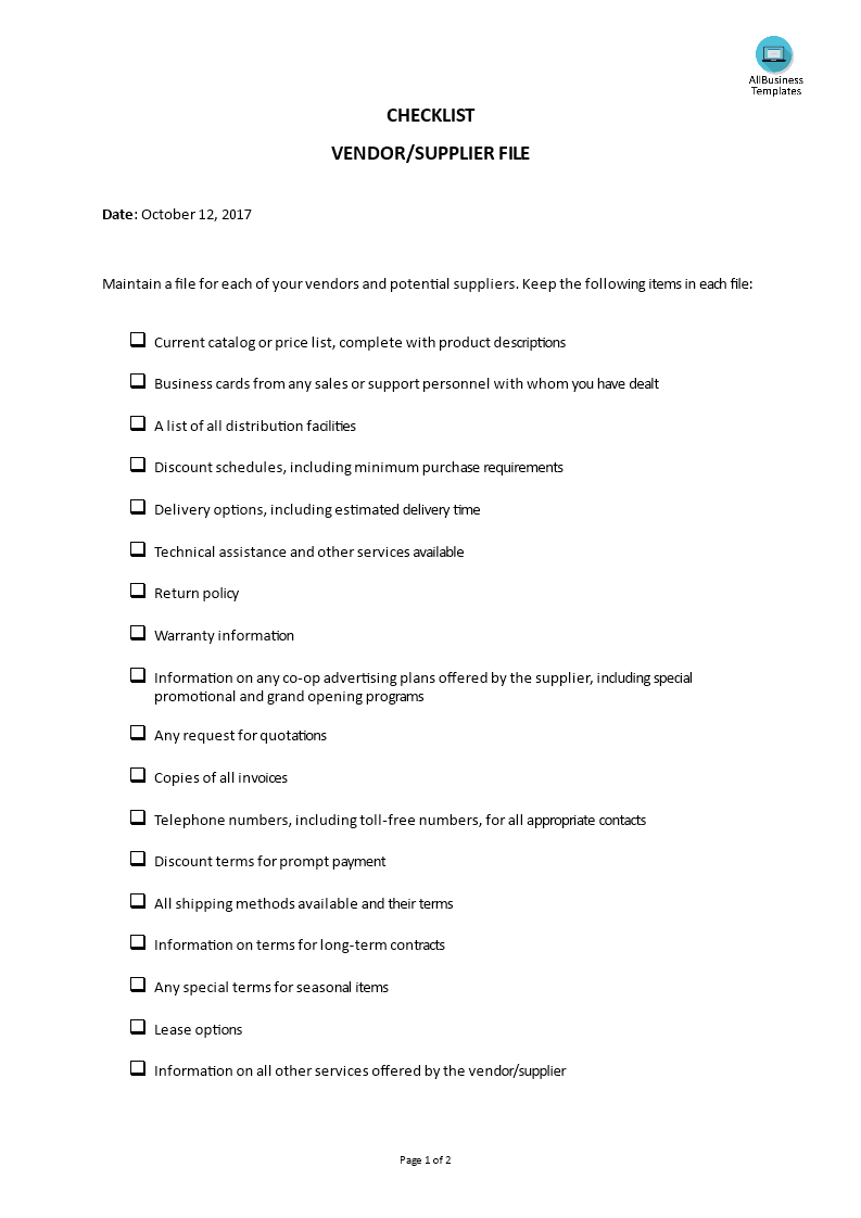 market analysis checklist vendor and supplier file modèles