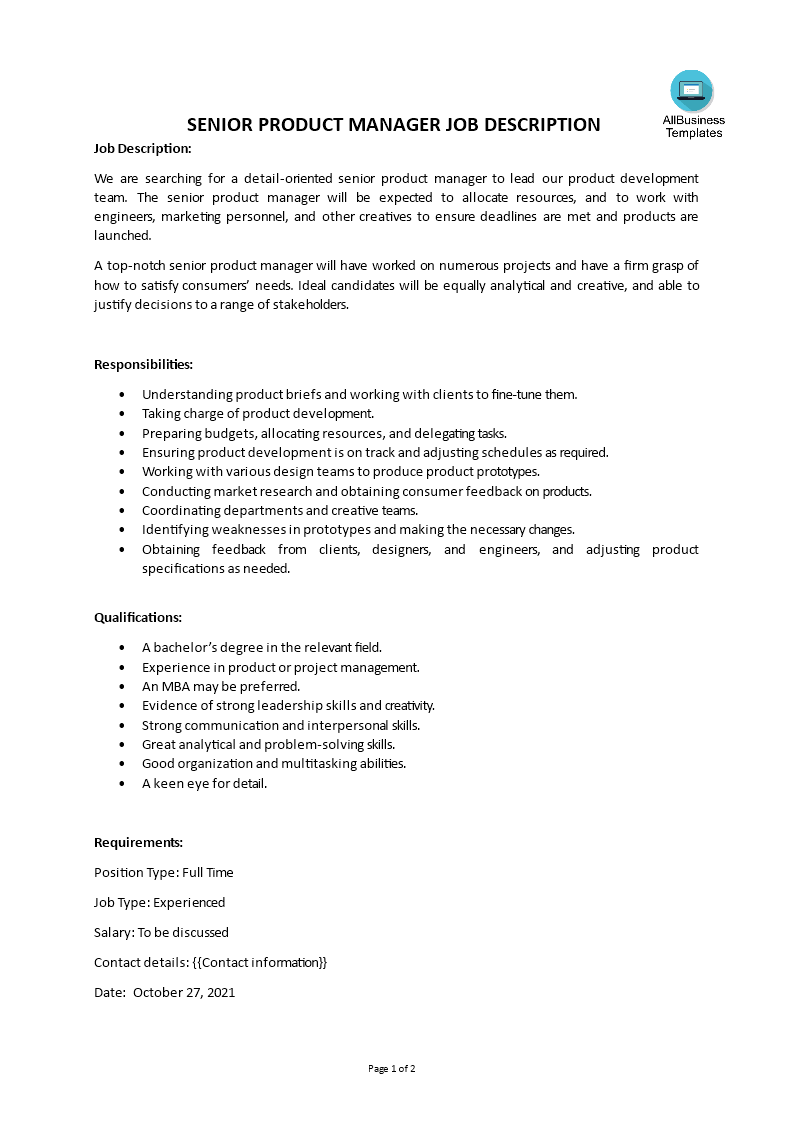  Senior Product Manager Job Description Allbusinesstemplates