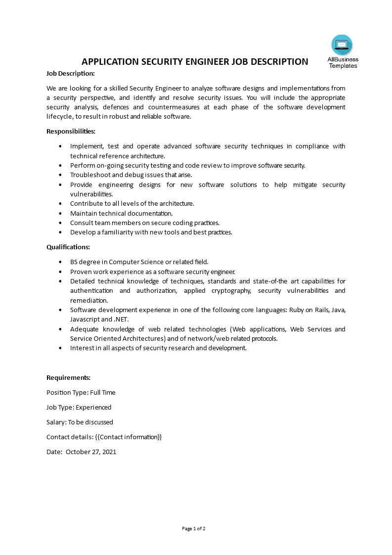 Gratis Application Security Engineer Job Description