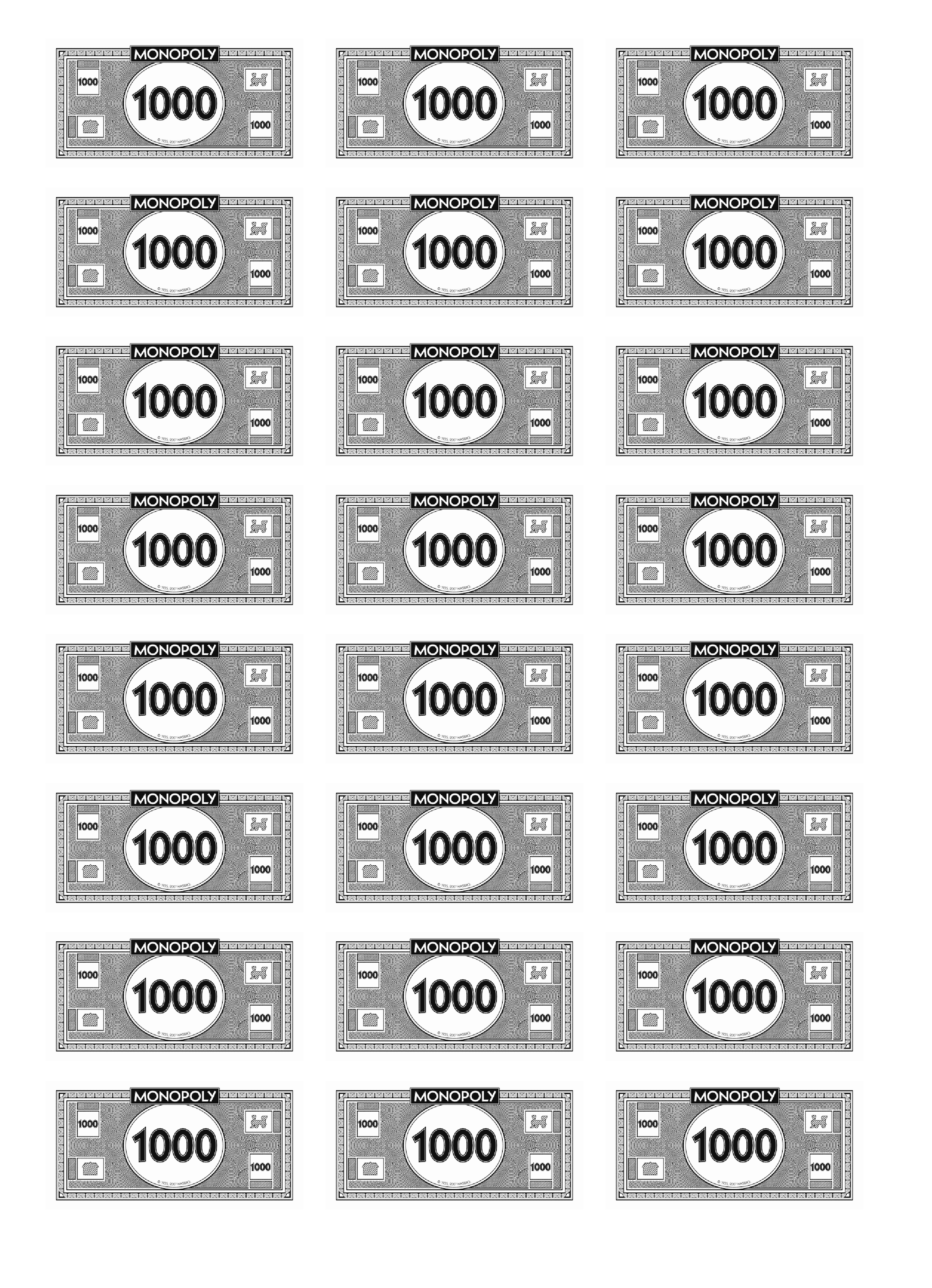 Printable Play Money 1000 Dollar Bill Gift Certificate Template