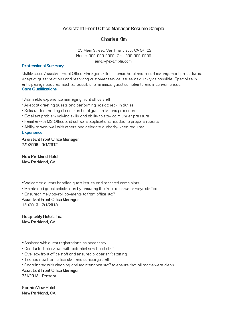 Assistant Front Office Manager Resume Sample Templates At 