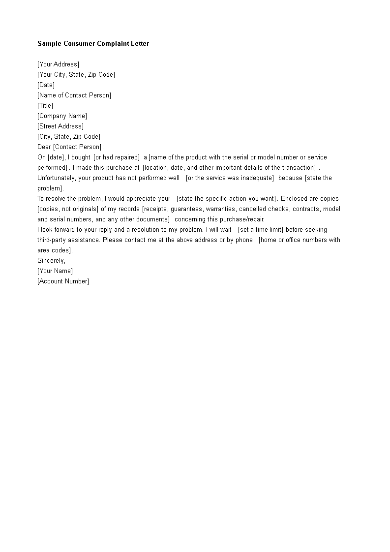 consumer letter of complaint template