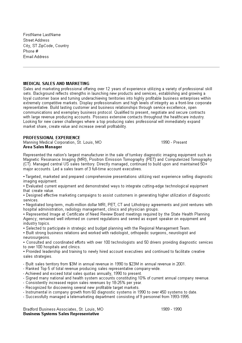 Medical Sales Manager Resume Template Templates At 