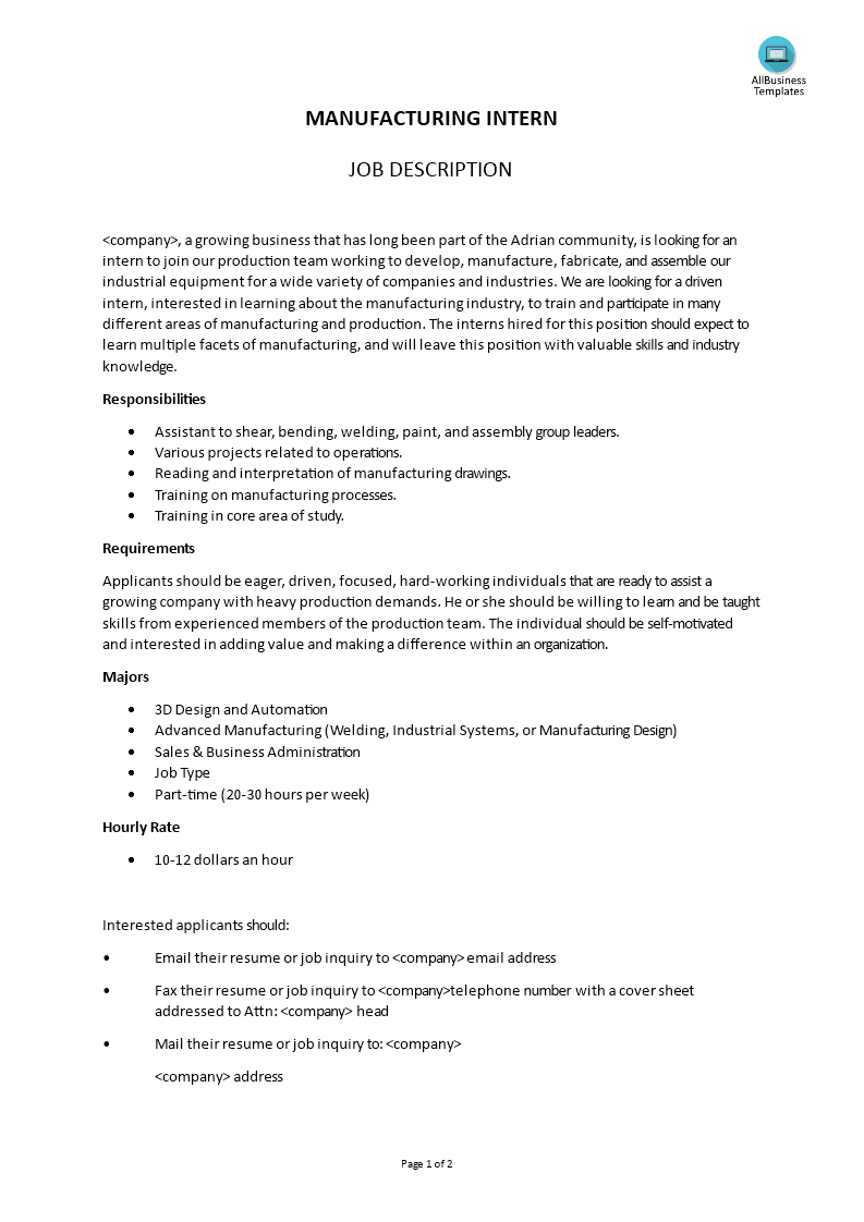 Manufacturing Intern Job Description Templates At 