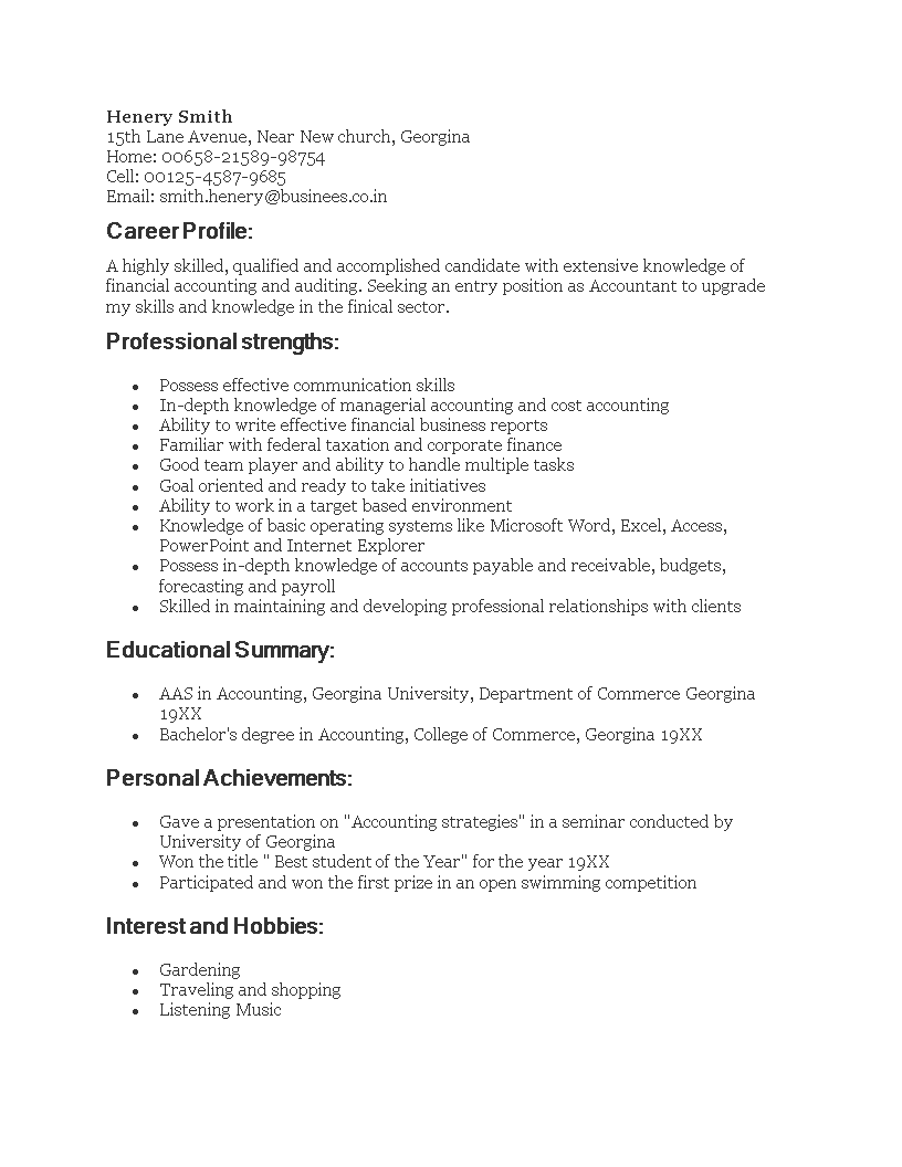 Resume Sample For Fresh Graduate Accounting Templates At 